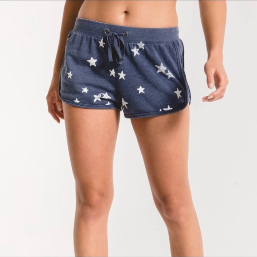 SOLD YEY !!  Z Supply Distressed White Stars Washed Blue Fleece Soft Shorts